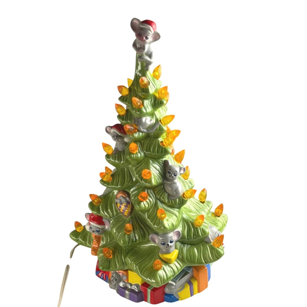 Vintage Hand Painted 16" Lighted Ceramic Christmas Mouse Tree with Gift Base